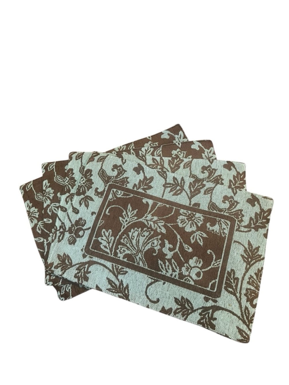 Chocolate Brown Teal Floral Woven Tapestry Placemats - Set of 4